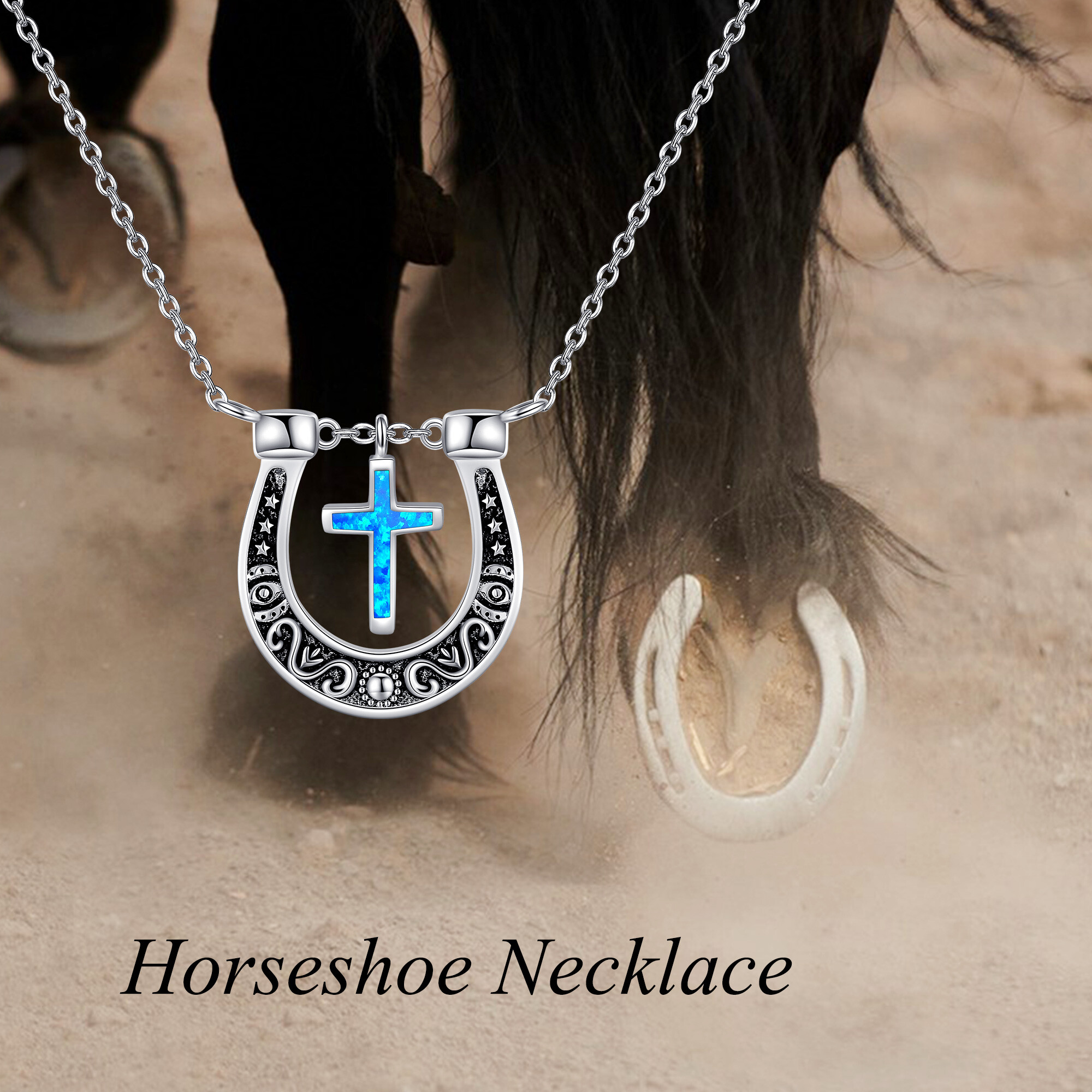 Women's 925 Sterling Silver Horseshoe Necklace with Synthetic Opal